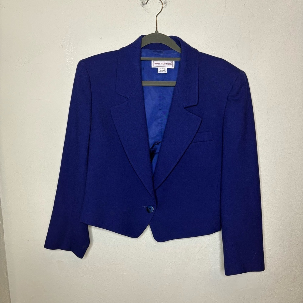 Jones New York Blue Cropped Wool Blazer with Notched Lapel Size 6